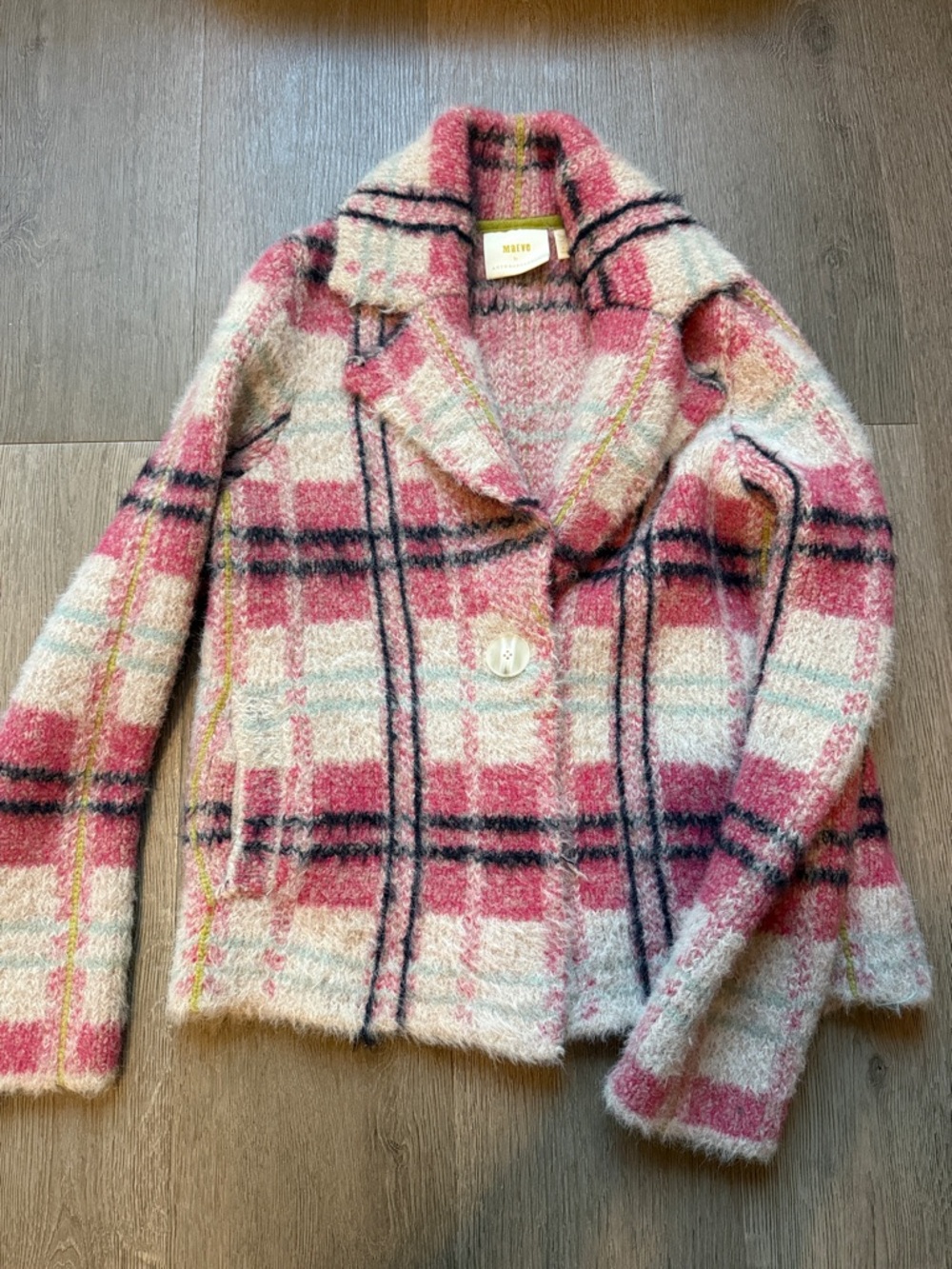 Maeve Pink and Cream Plaid Wool Blend Blazer Jacket